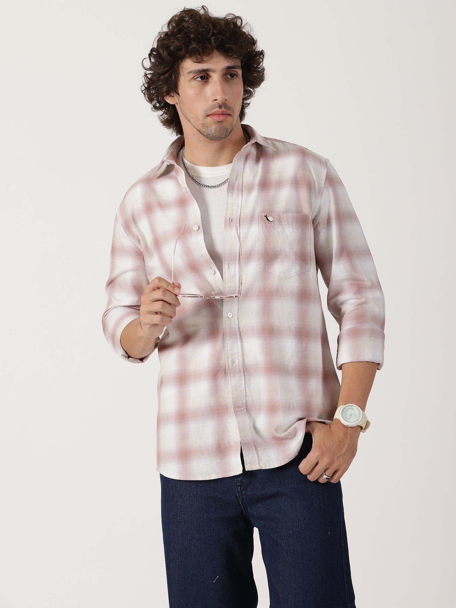 Dusty pink & white plaid cotton casual full sleeve shirt