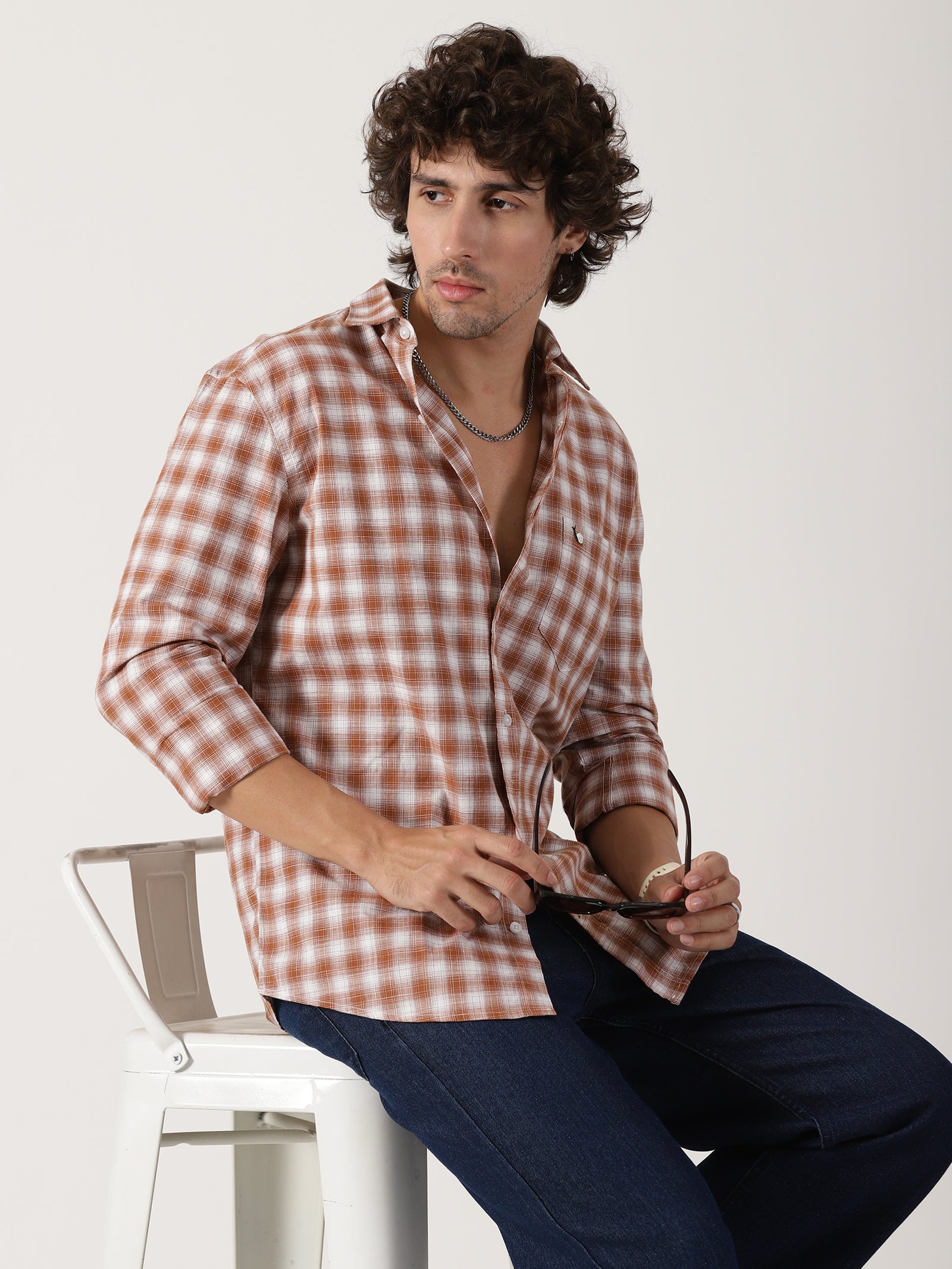 rust brown & white checkered cotton casual full sleeve shirt