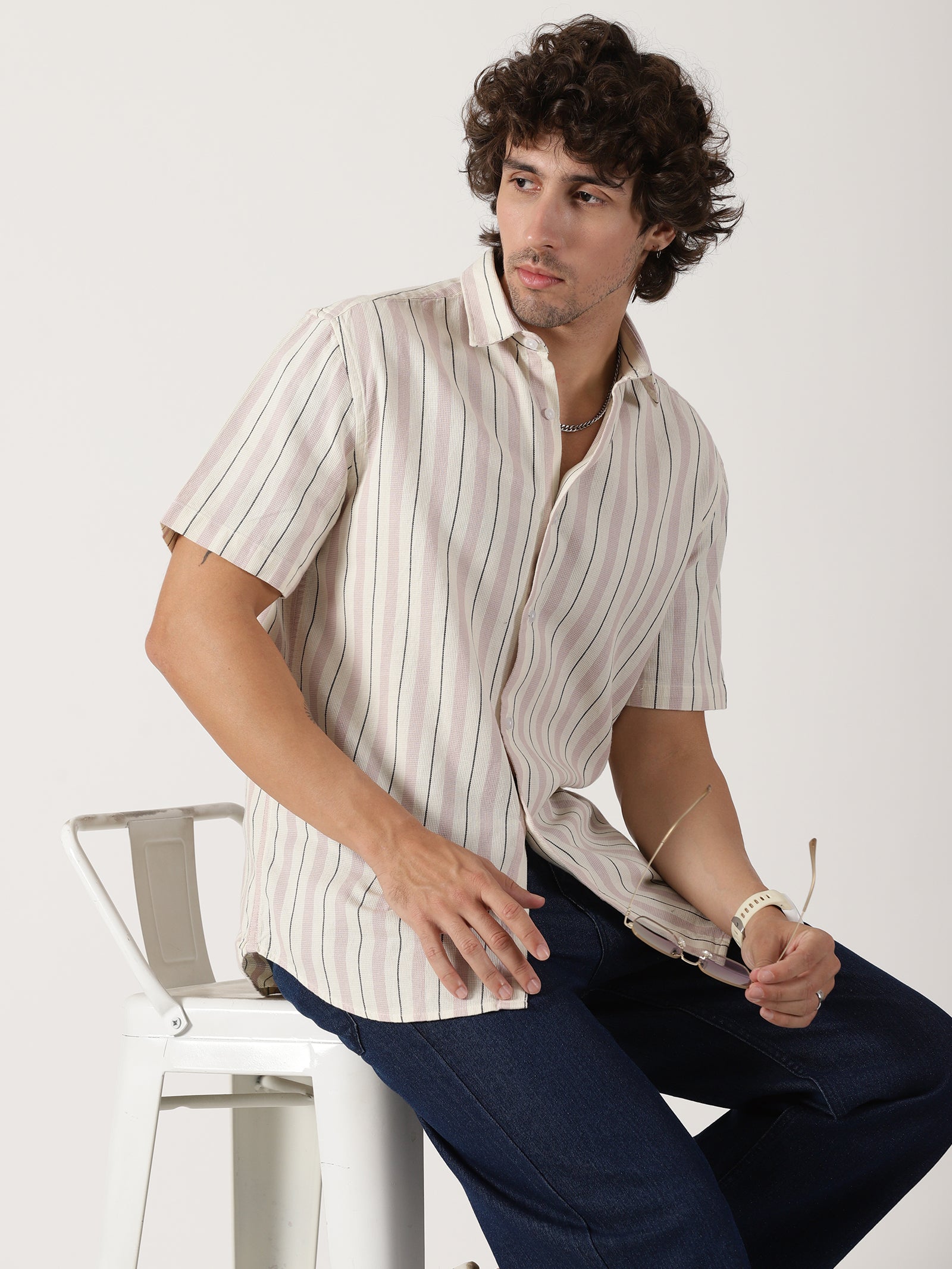 Cream & mauve vertical striped half sleeve