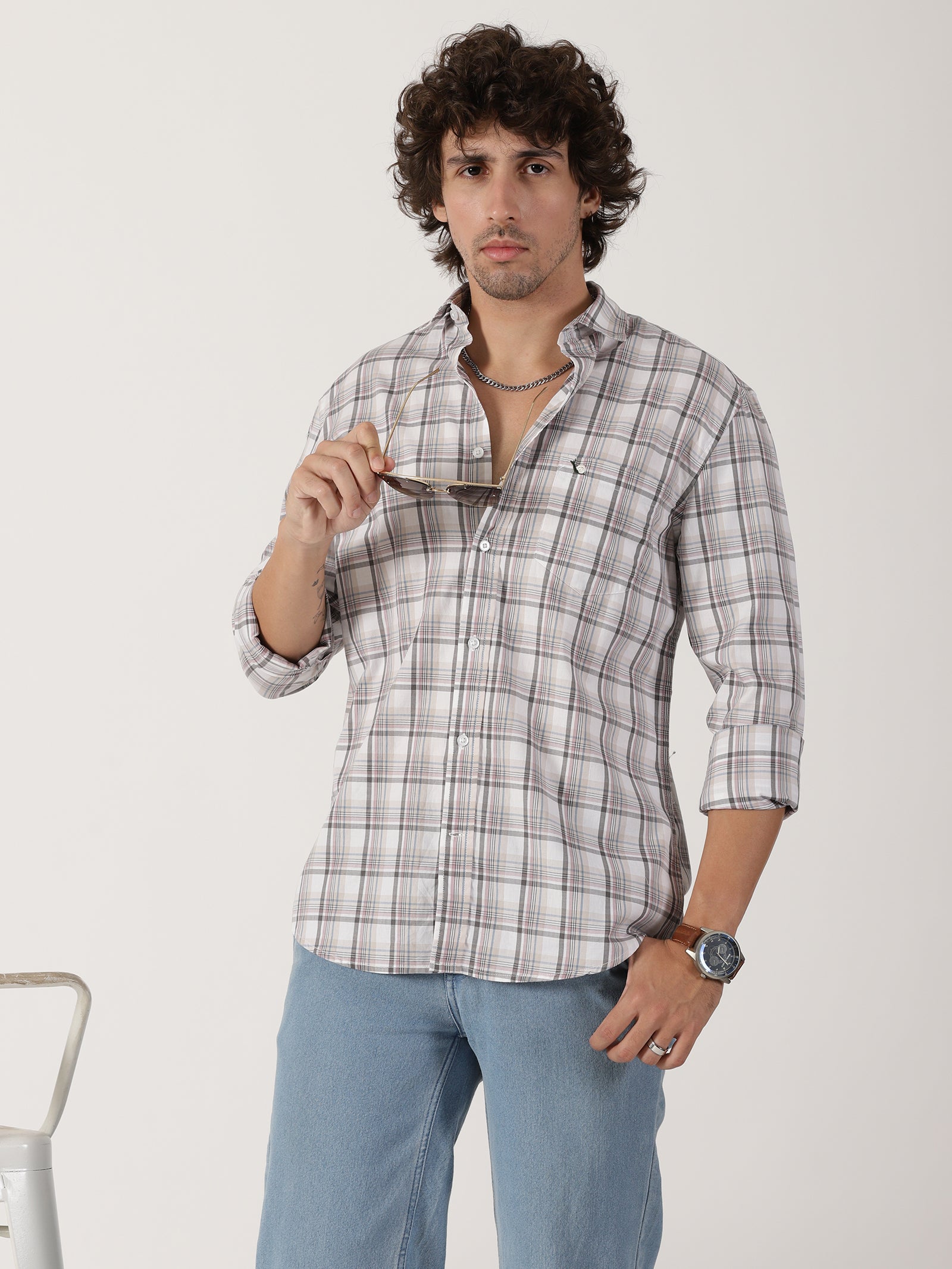 white & grey checkered casual full sleeve