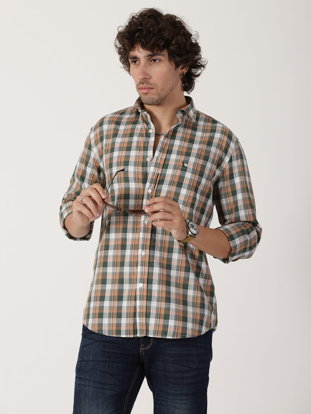 olive green & peach checkered causal full sleeve shirt