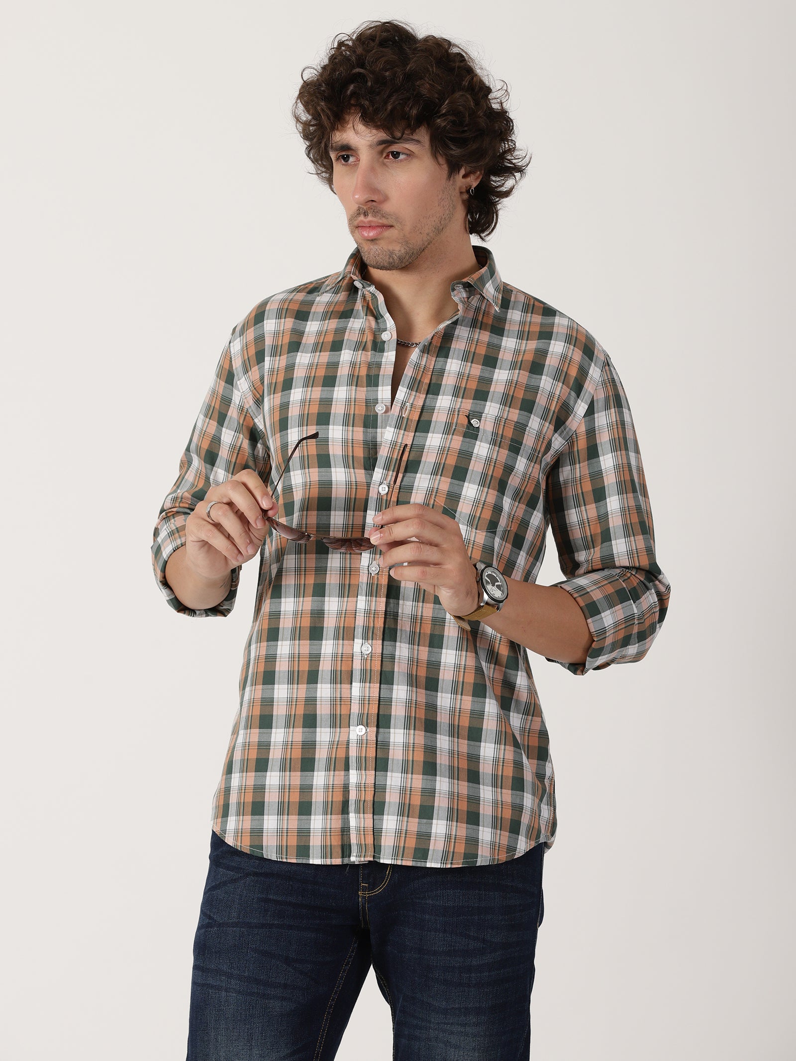 olive green & peach checkered causal full sleeve shirt