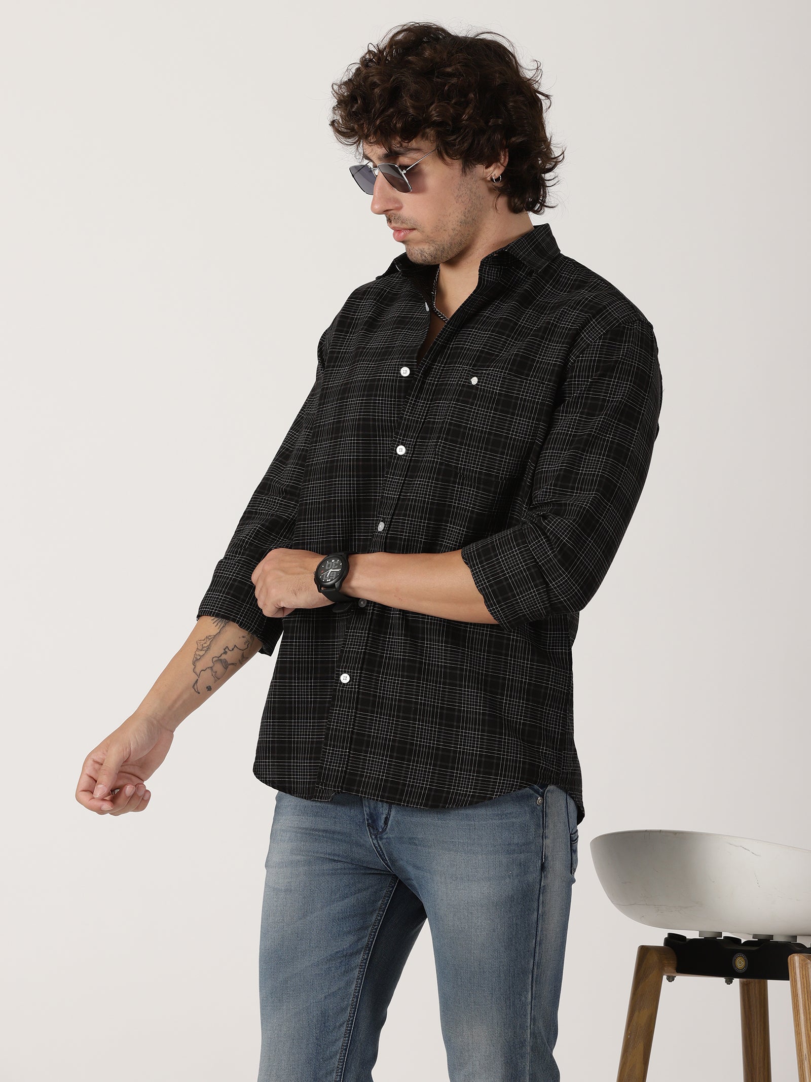 black fine check full sleeve