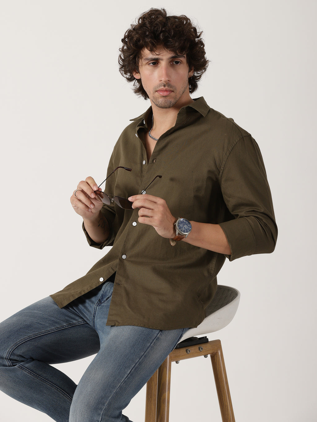 olive green linen full sleeve shirt