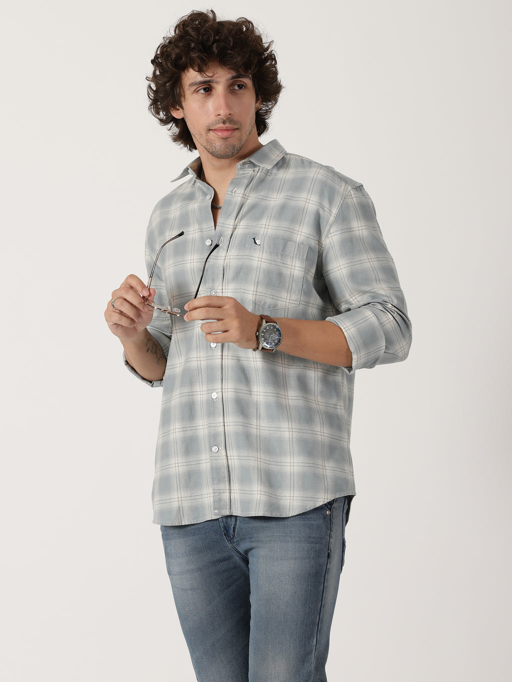 light grey & white checkered full sleeve shirt