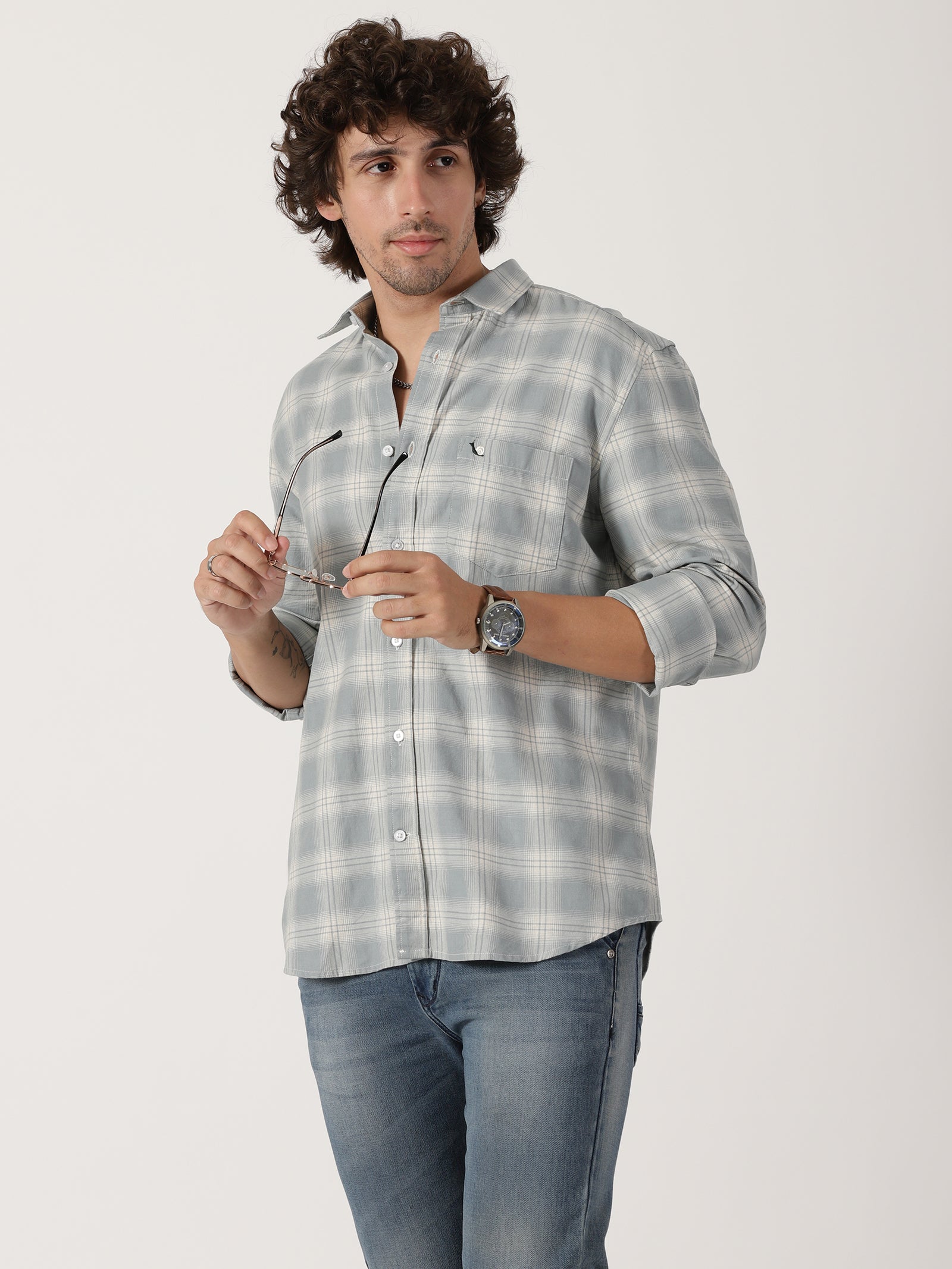 light grey & white checkered full sleeve shirt