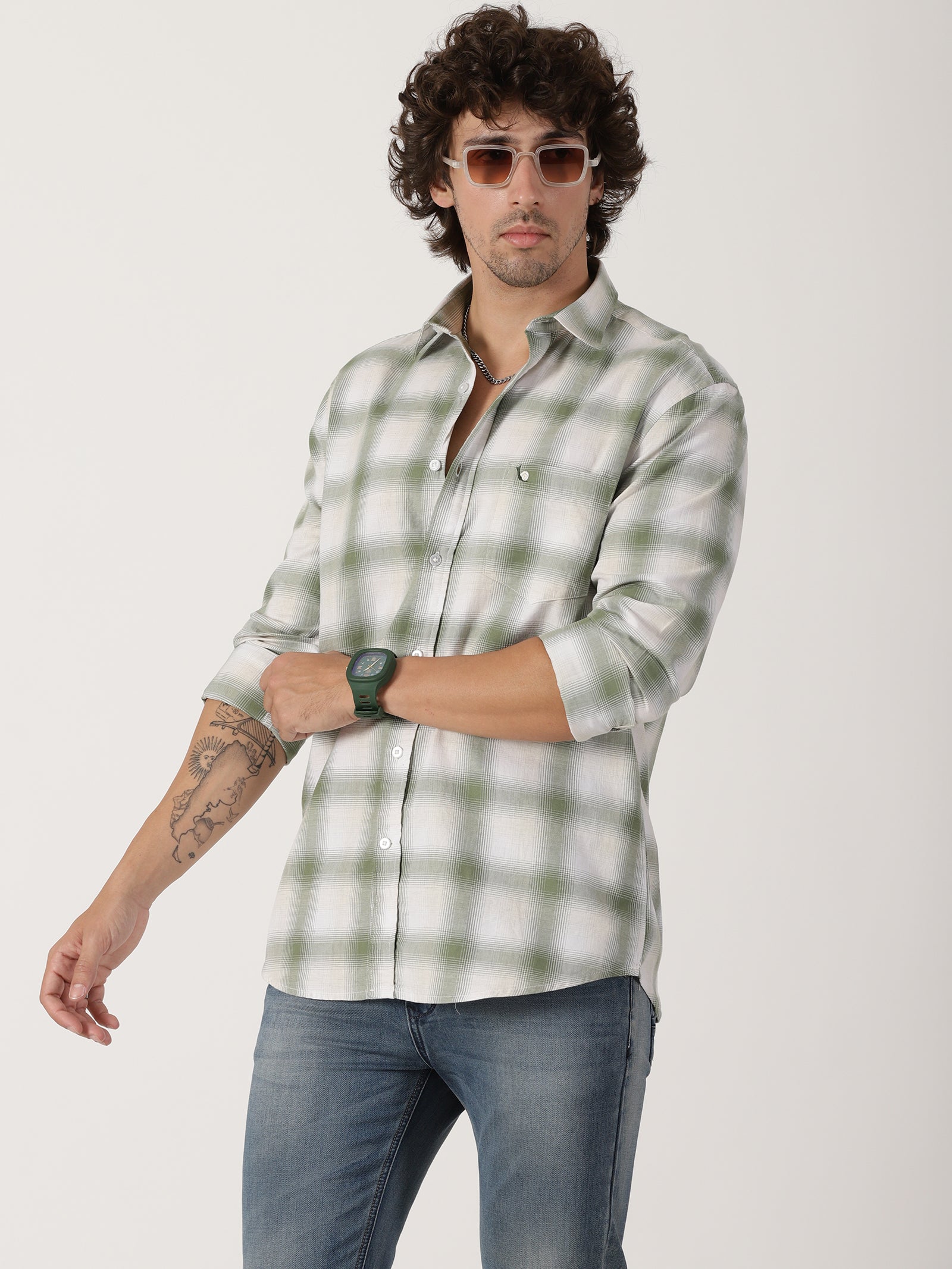 sage green & white checkered full sleeve shirt