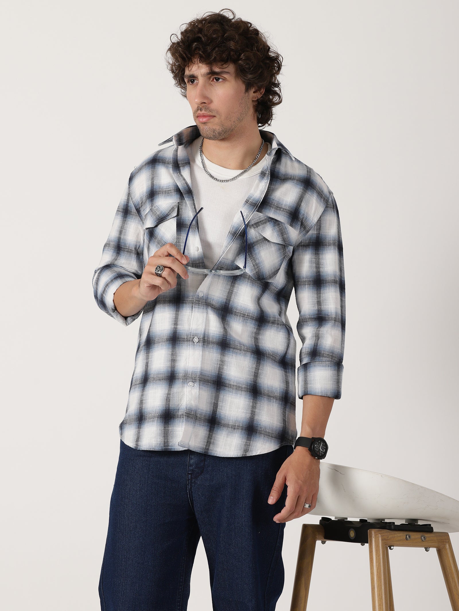 white & navy blue plaid cotton full sleeve shirt