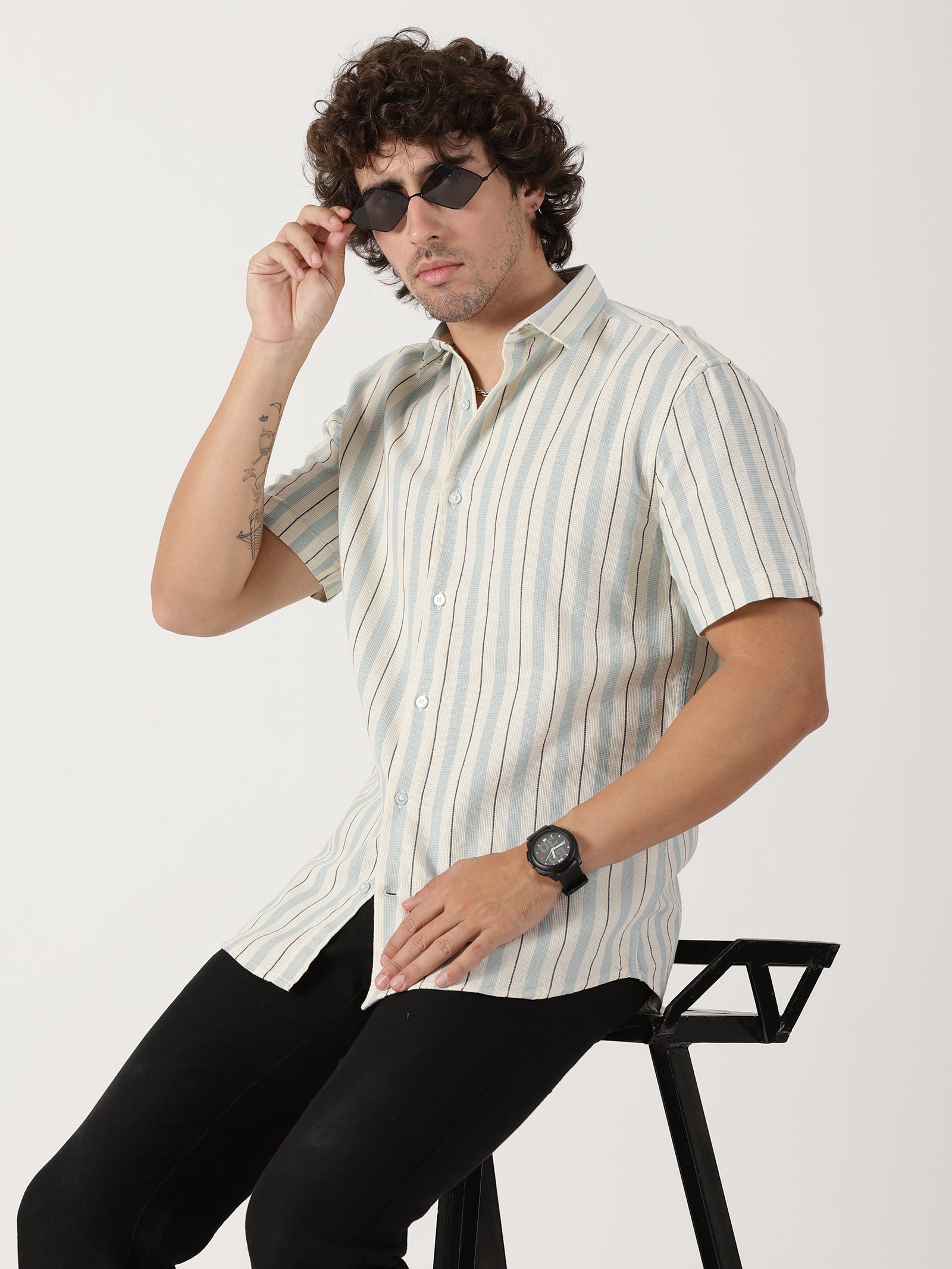 white & sky blue vertical striped cotton blend half sleeve shirt