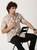 beige abstract print linen blend causal half sleeve shirt