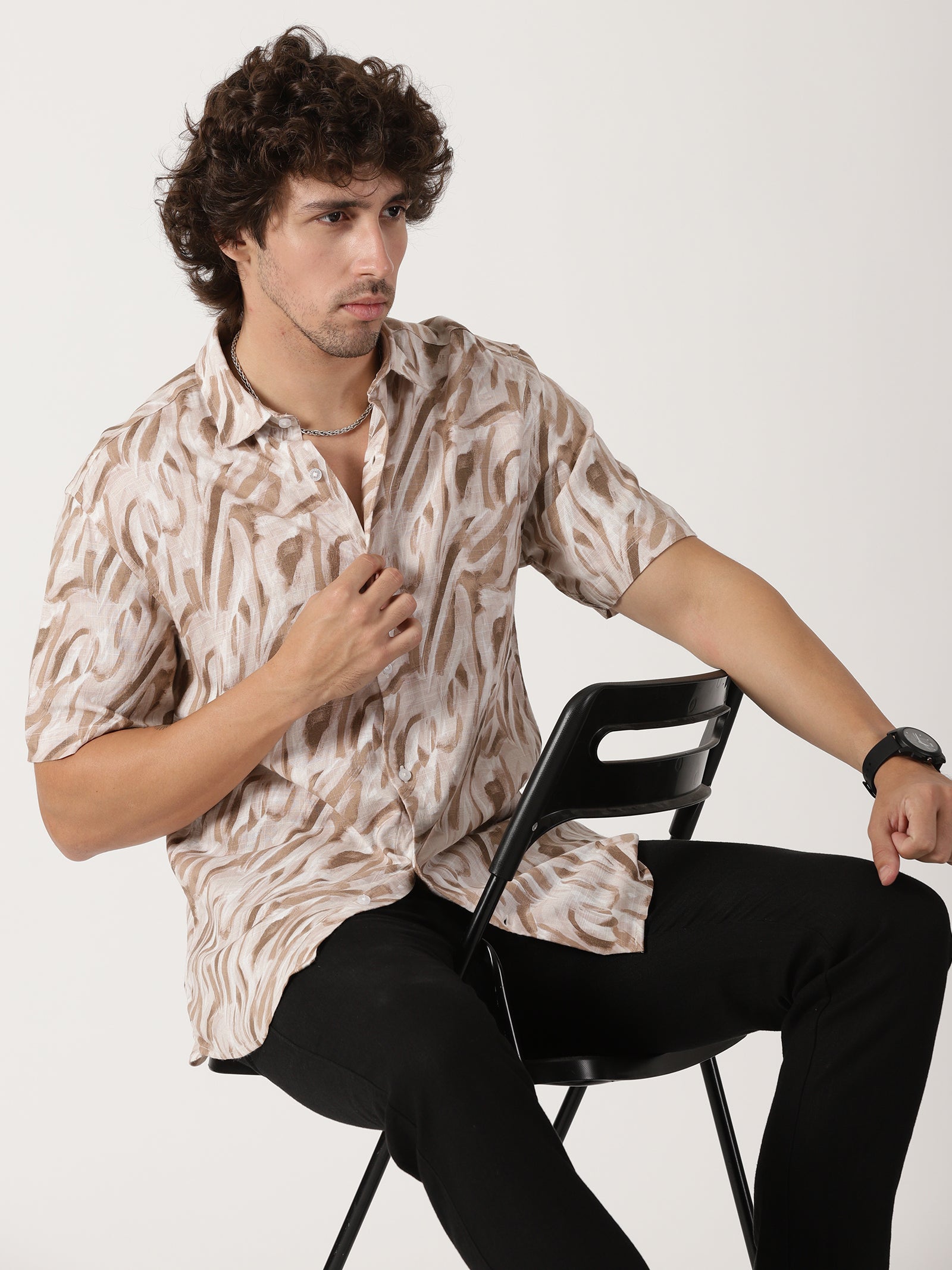 beige abstract print linen blend causal half sleeve shirt