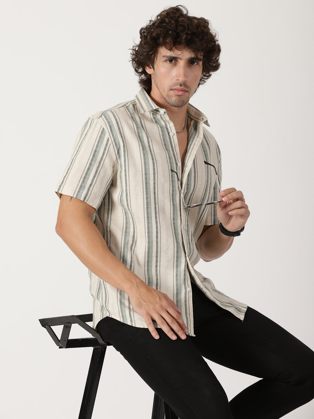 Beige & sage green vertical striped linen blend casual half sleeve