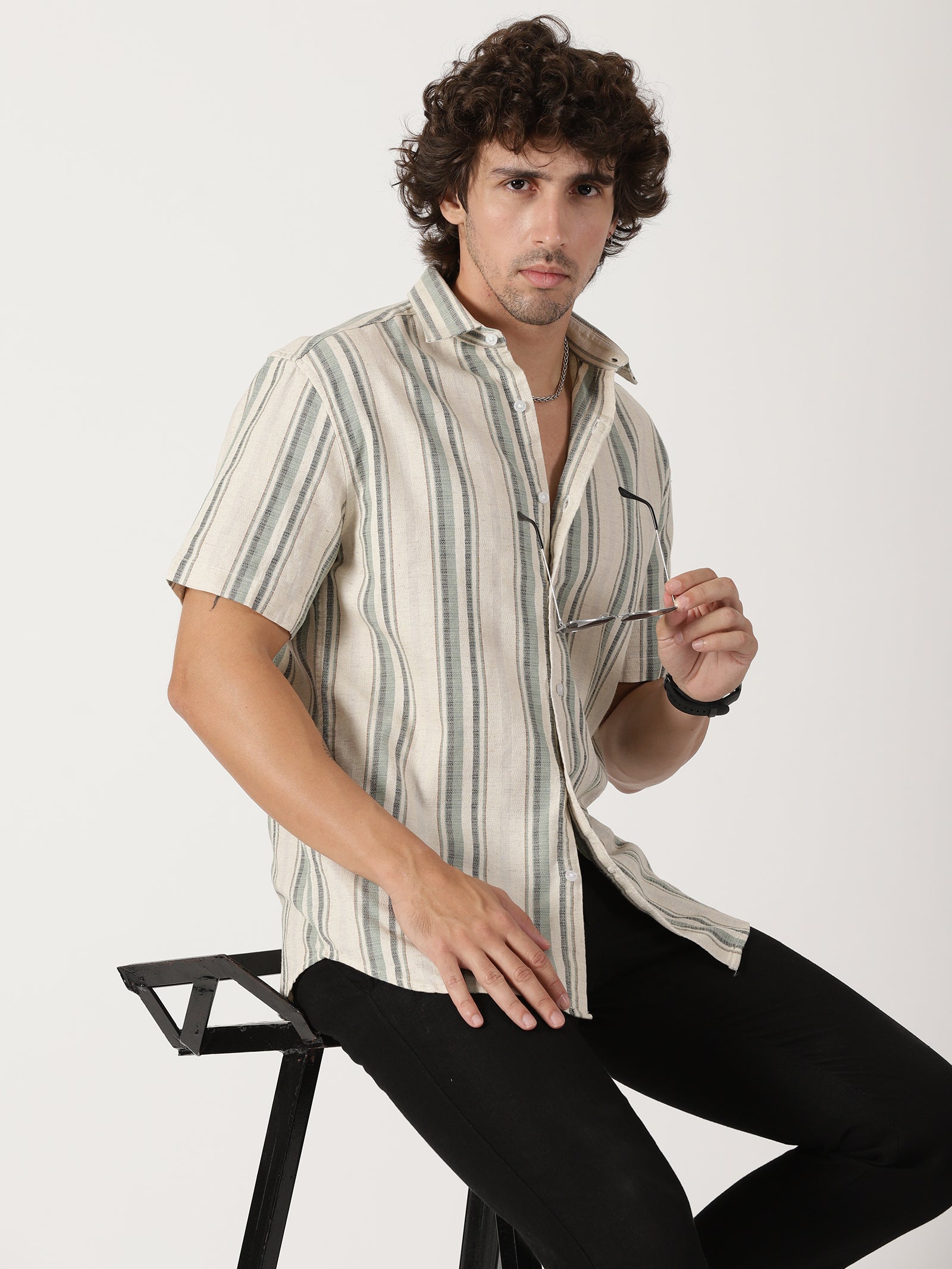 Beige & sage green vertical striped linen blend casual half sleeve