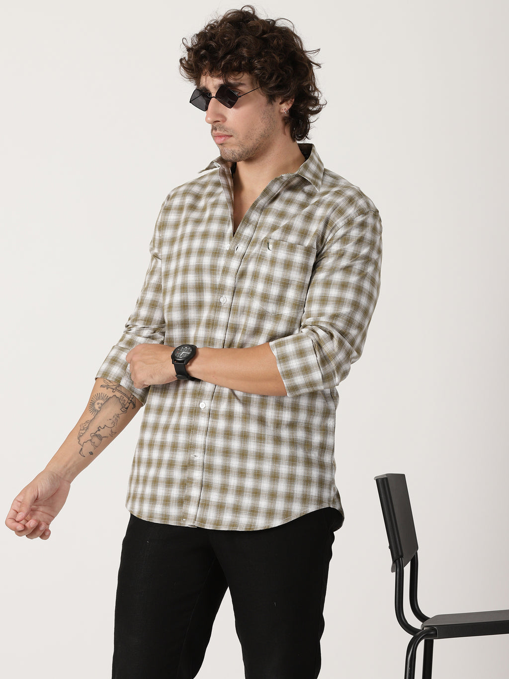 olive green & white checkered cotton shirt