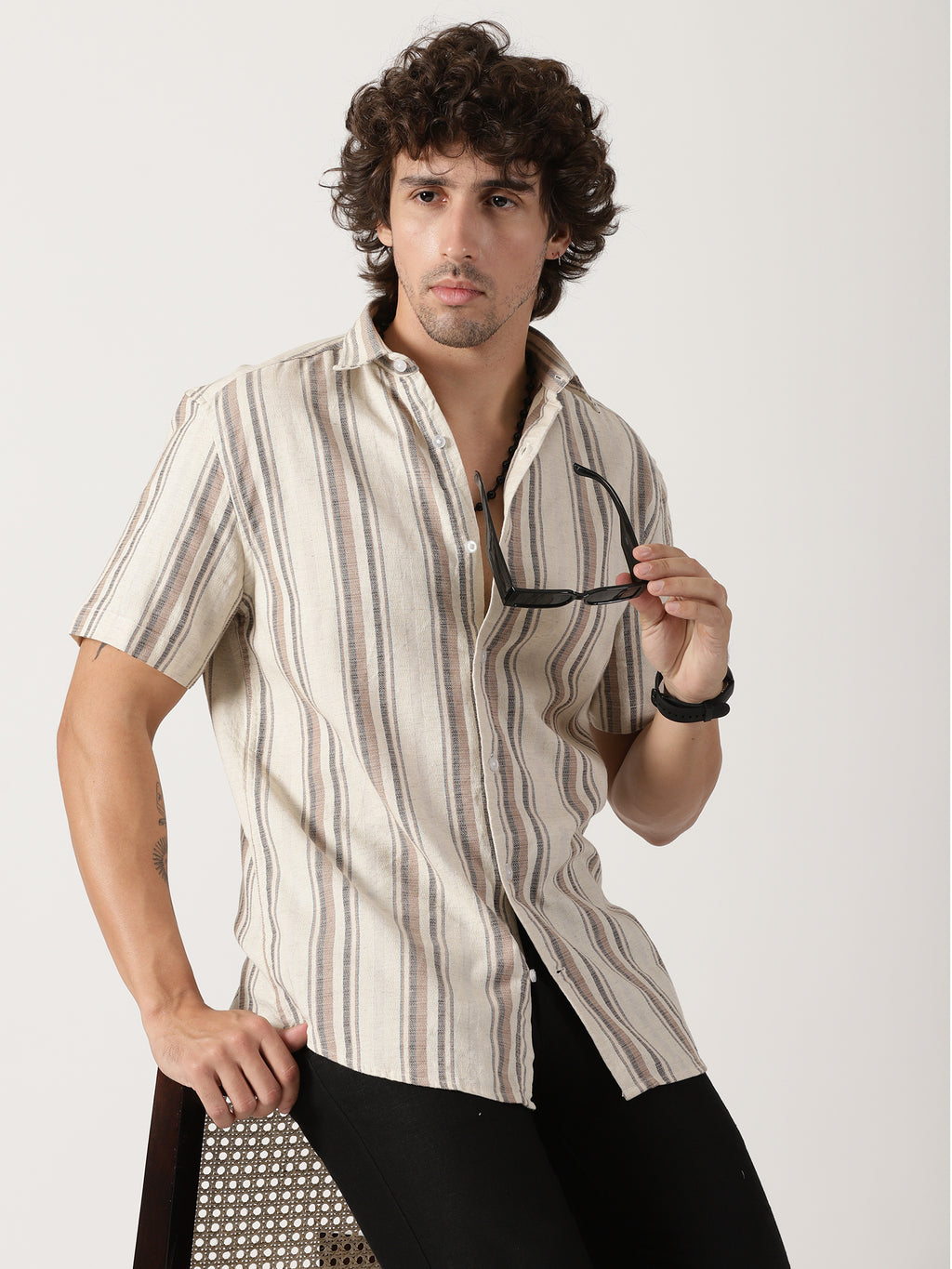Men's Beige Multi-Toned Vertical Striped Short-Sleeve Resort Shirt