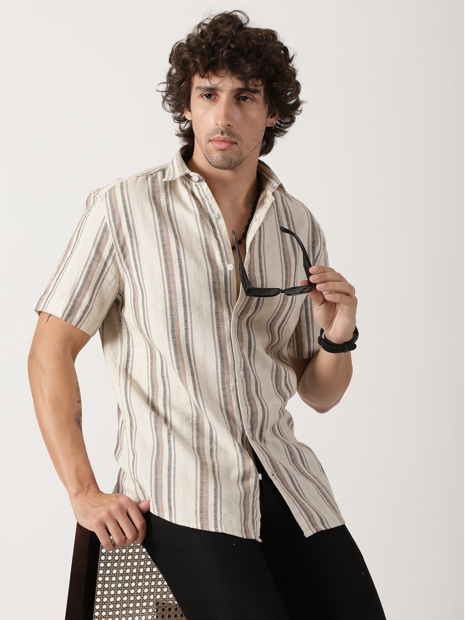 Men's Beige Multi-Toned Vertical Striped Short-Sleeve Resort Shirt
