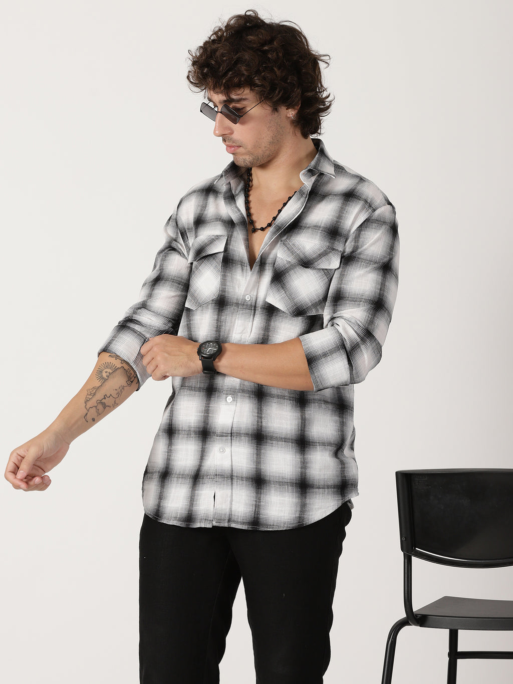 Black & white plaid cotton casual full sleeve