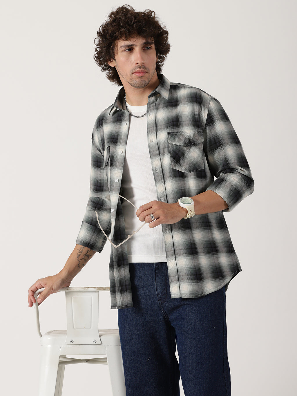 Green & black plaid cotton casual full sleeve shirt