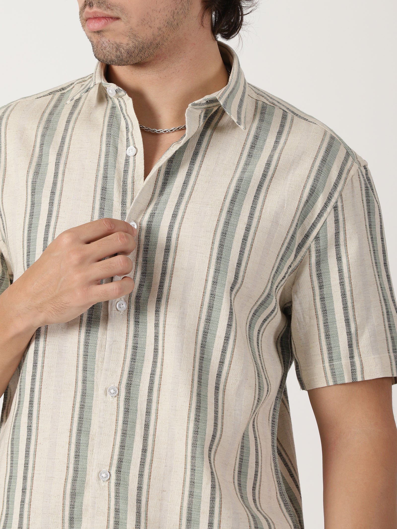 Beige & sage green vertical striped linen blend casual half sleeve