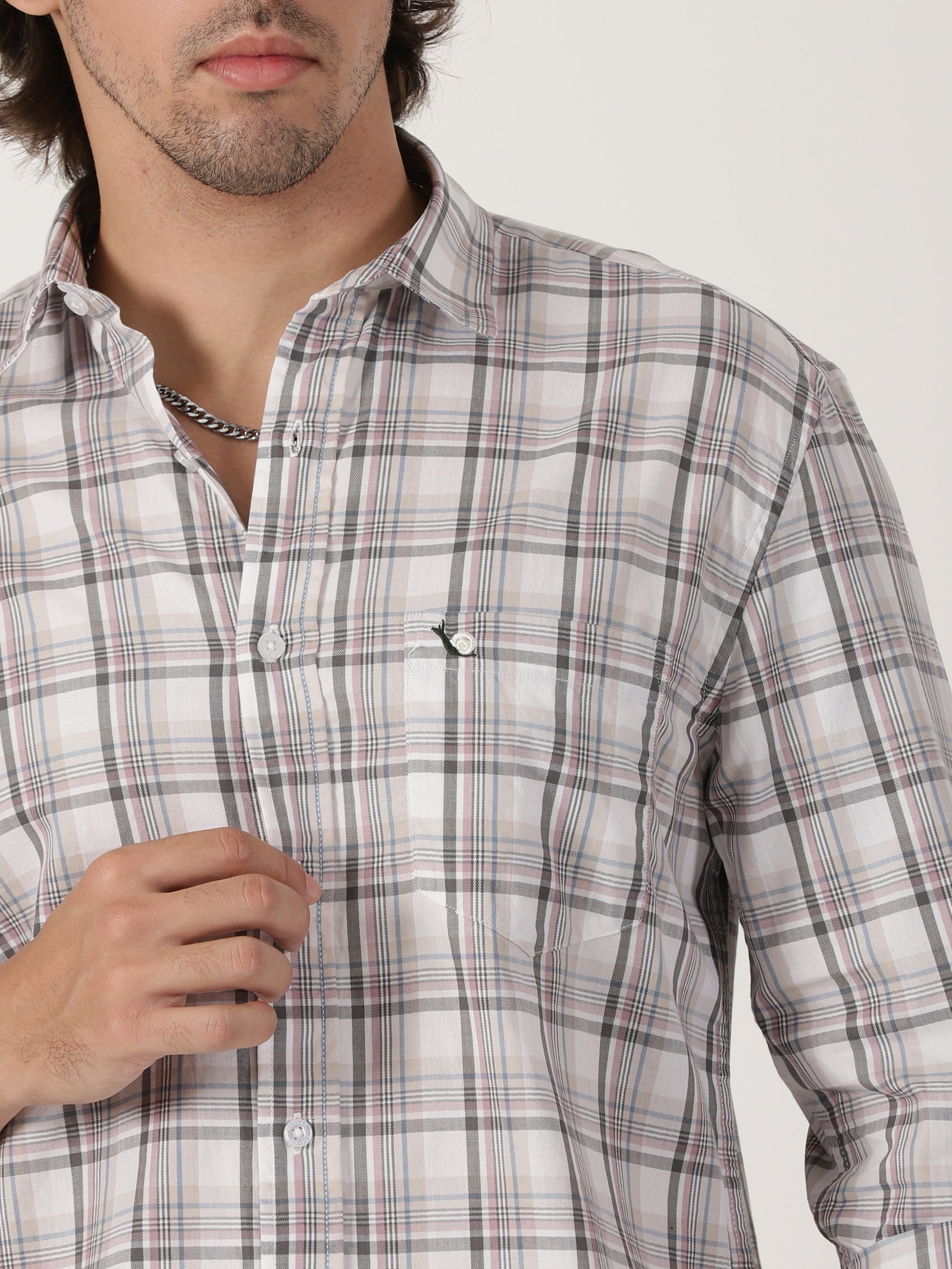 white & grey checkered casual full sleeve