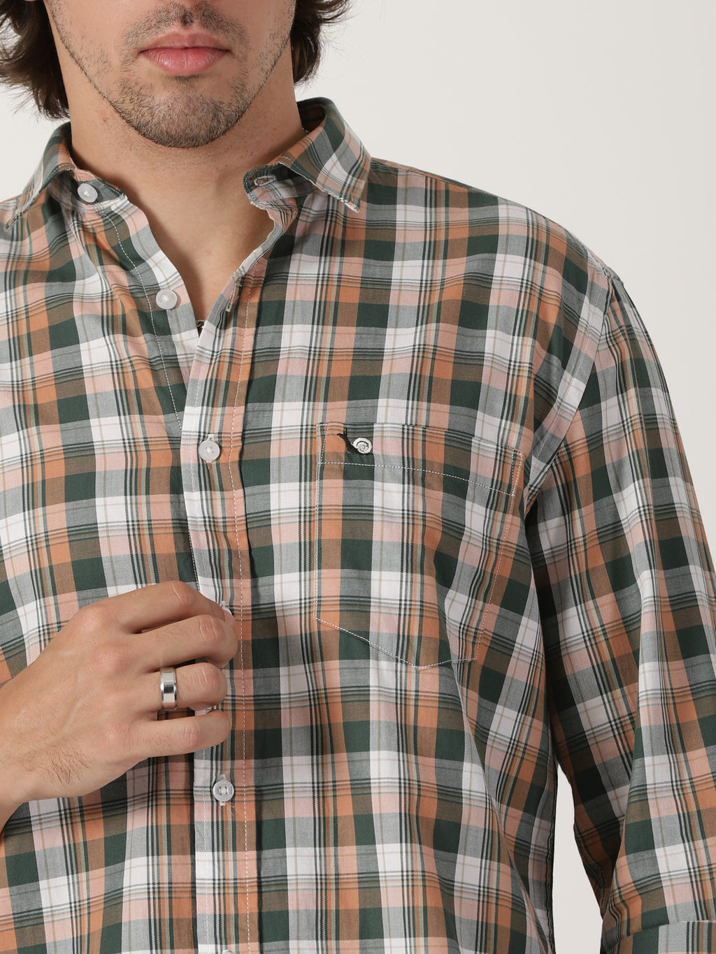 olive green & peach checkered causal full sleeve shirt