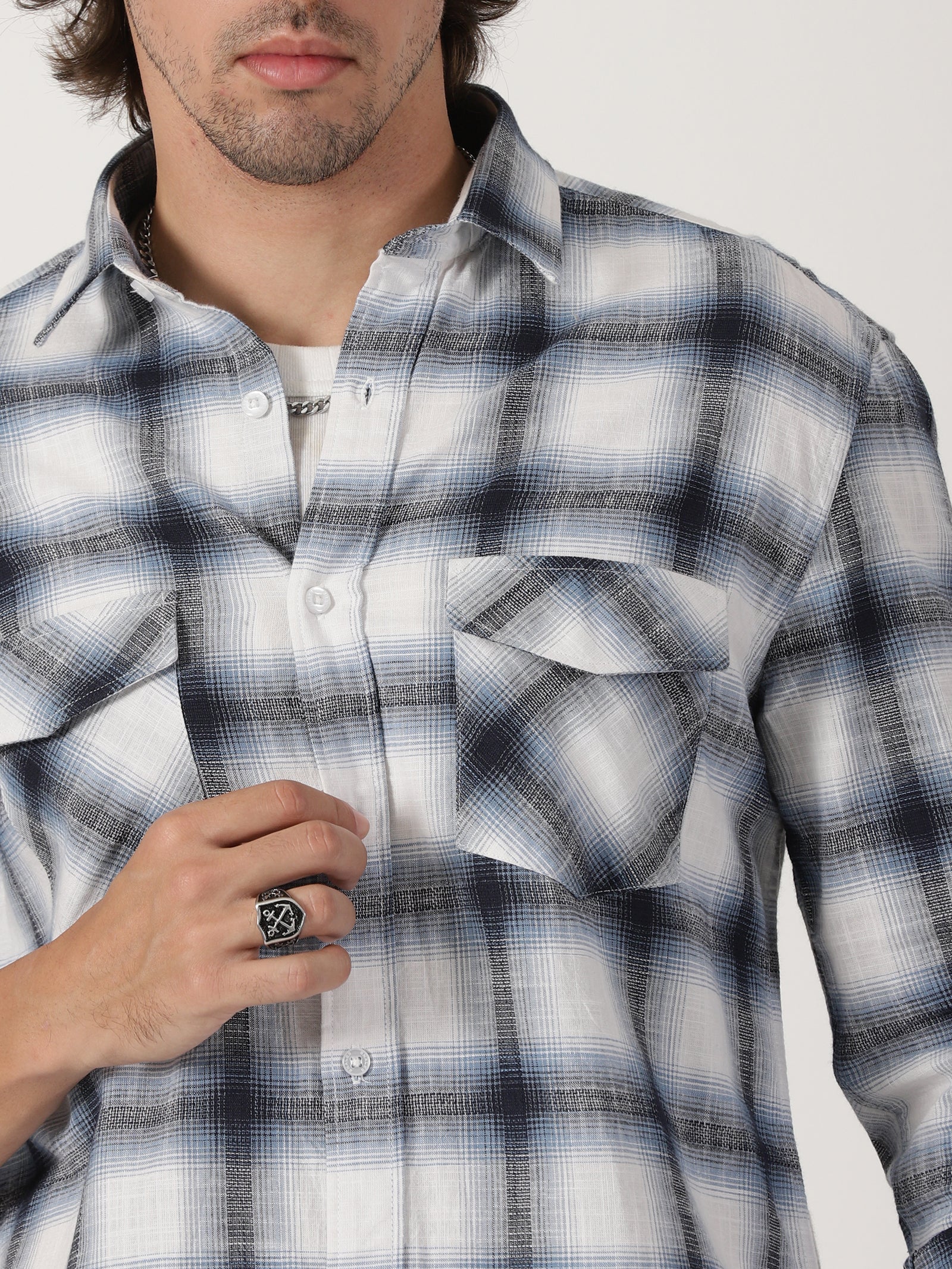 white & navy blue plaid cotton full sleeve shirt