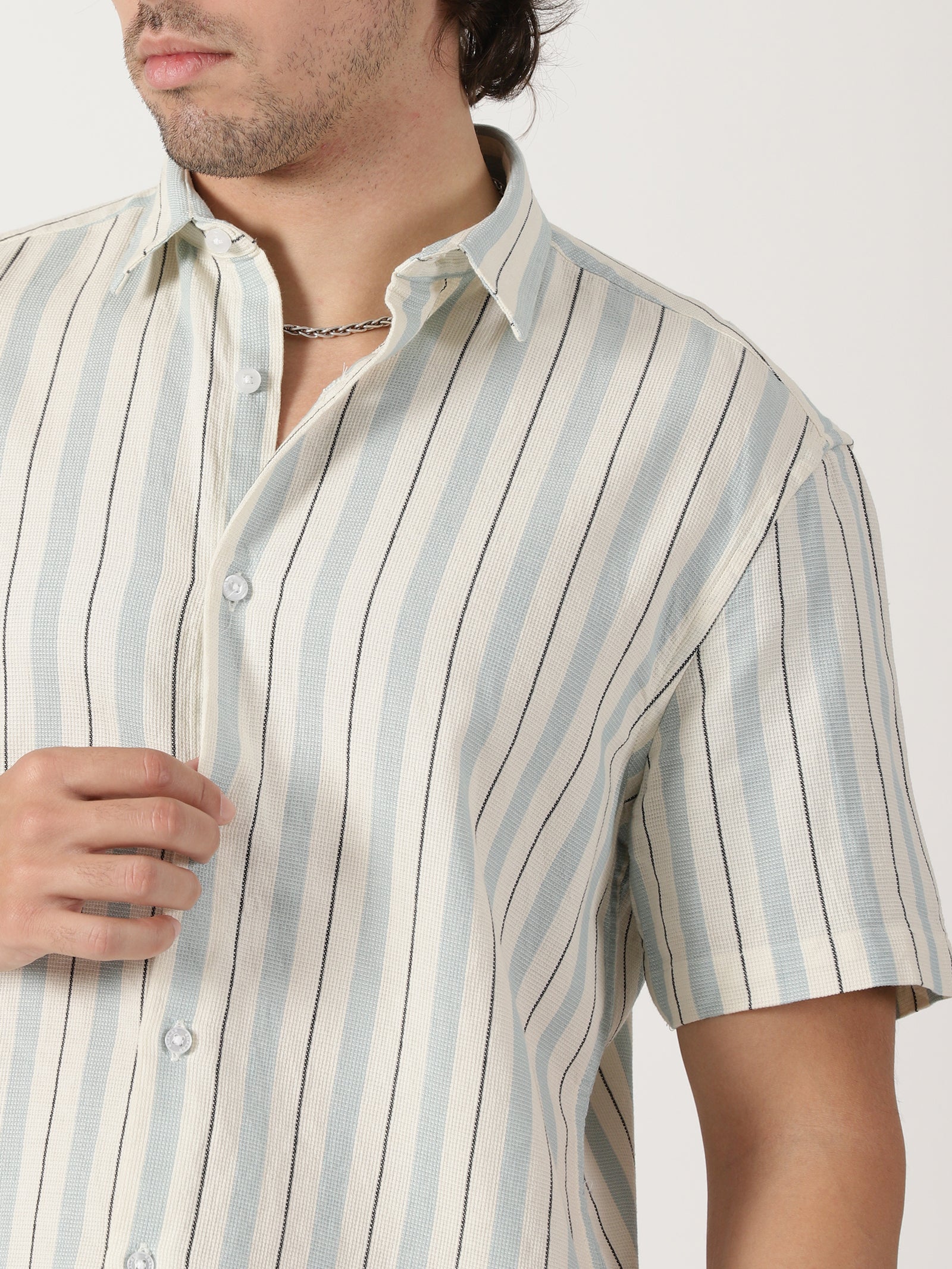 white & sky blue vertical striped cotton blend half sleeve shirt