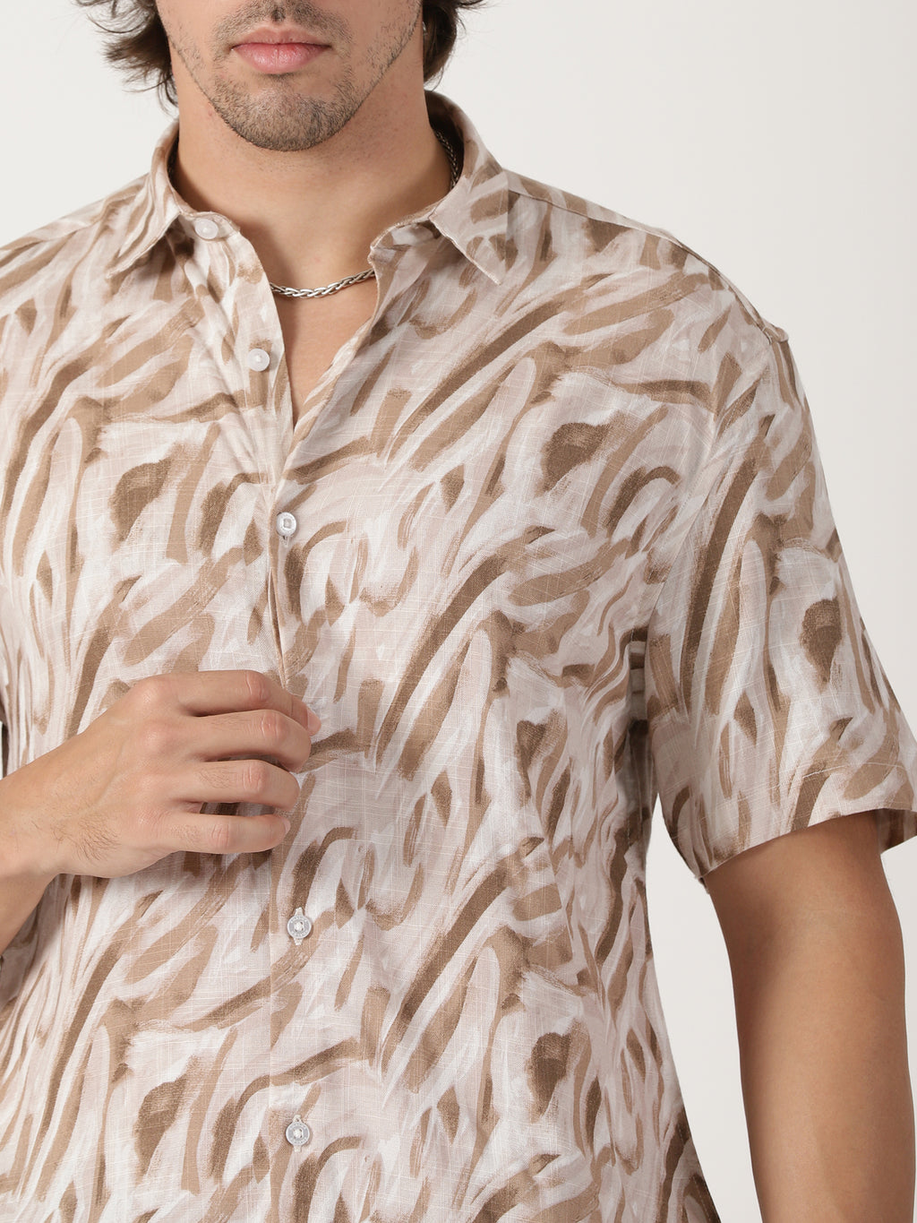 beige abstract print linen blend causal half sleeve shirt