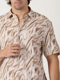 beige abstract print linen blend causal half sleeve shirt