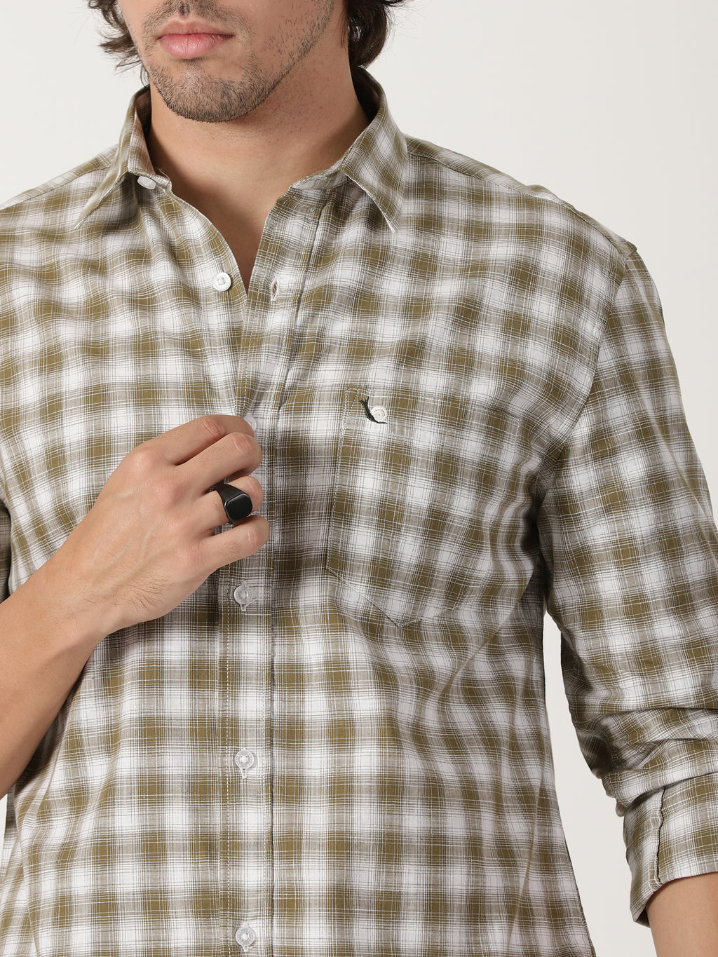 olive green & white checkered cotton shirt