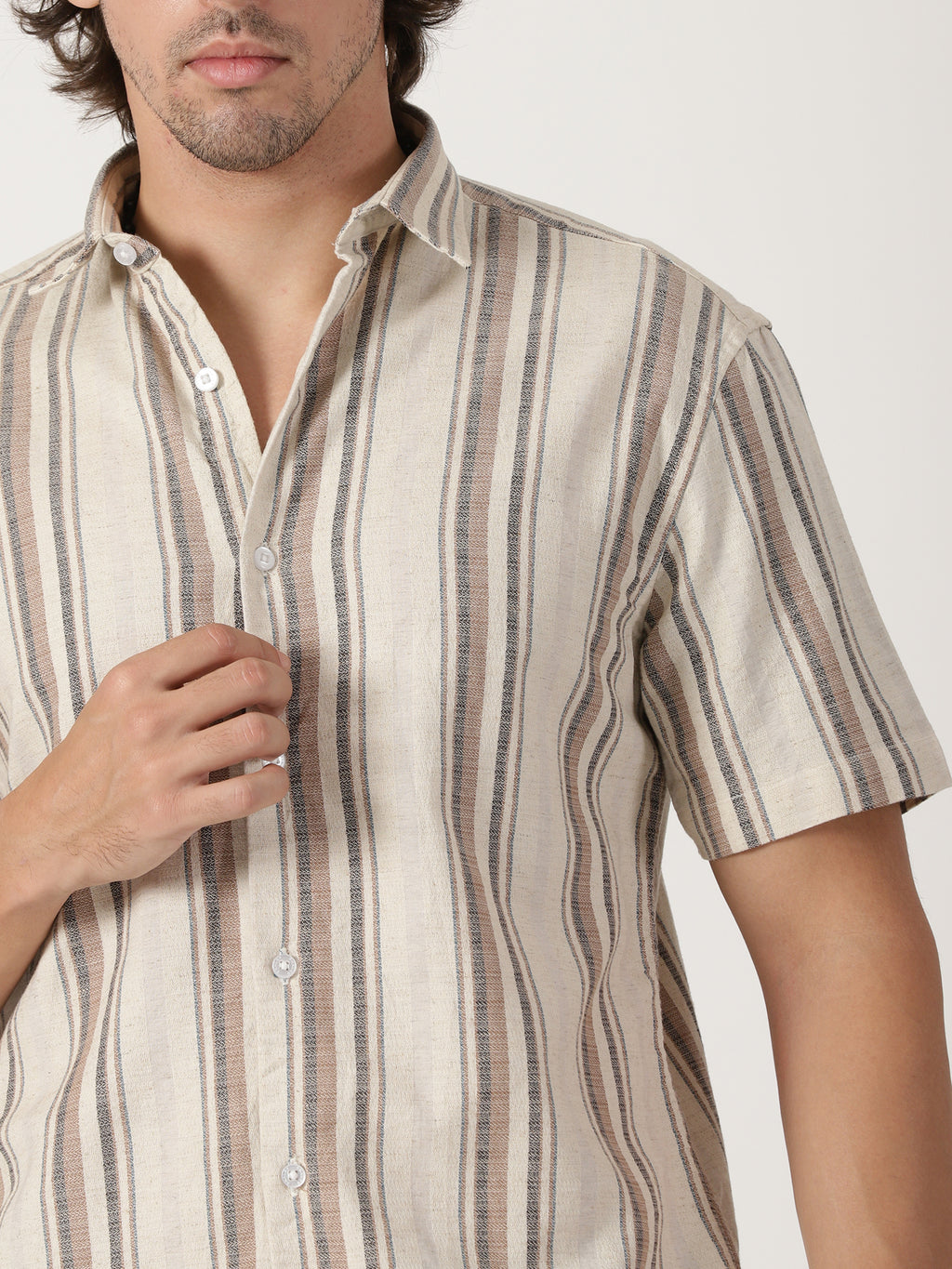 Men's Beige Multi-Toned Vertical Striped Short-Sleeve Resort Shirt