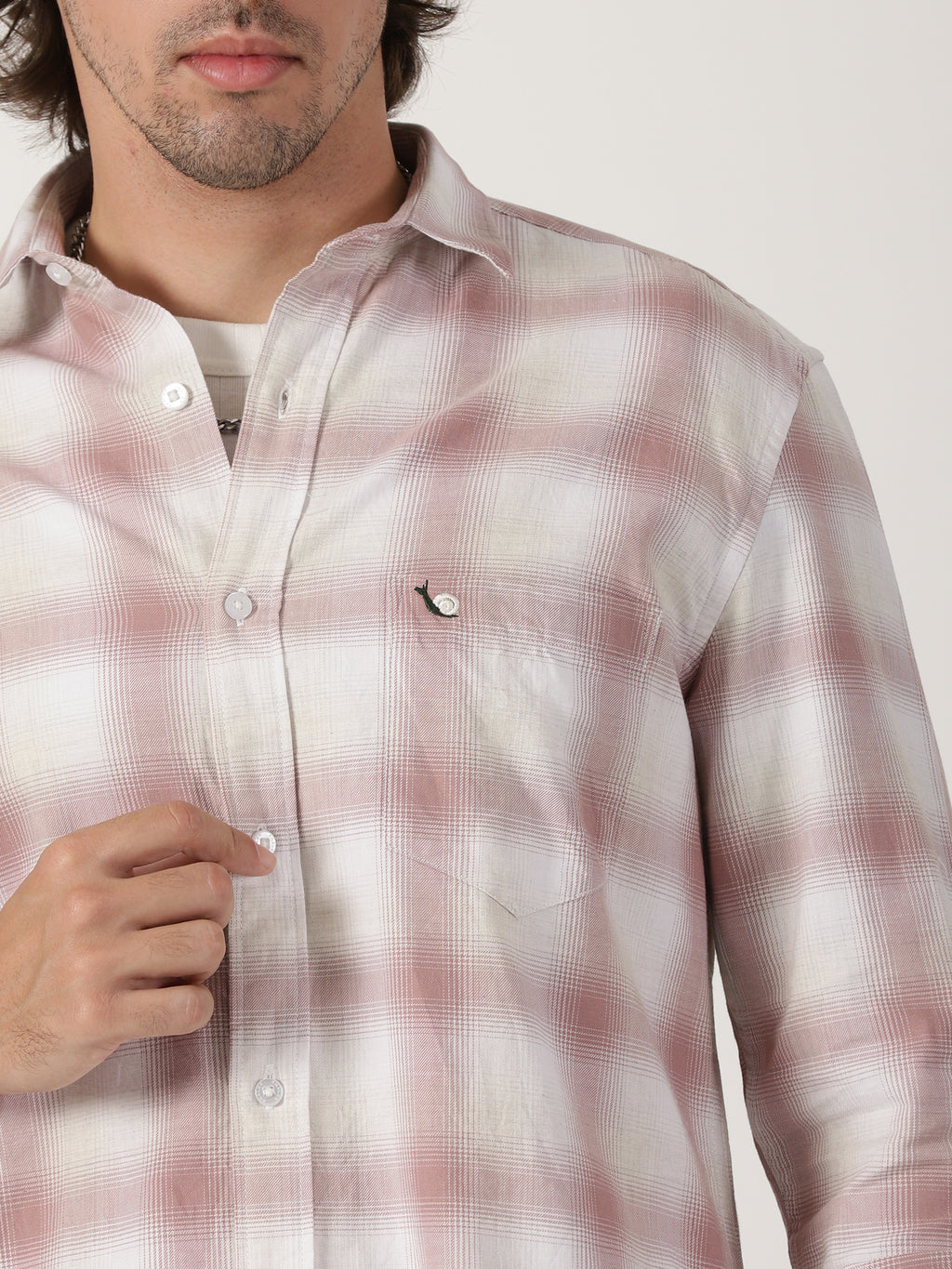 Dusty pink & white plaid cotton casual full sleeve shirt